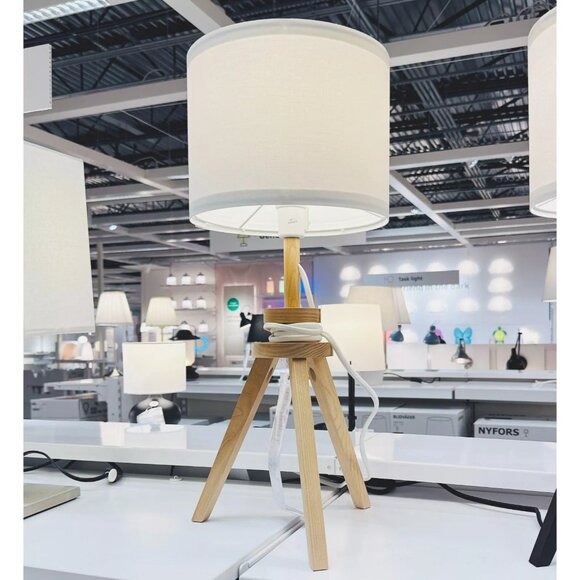 Brand New Beautiful Real Wood Table Lamp, IKEA White Canvas - Picture 2 of 13